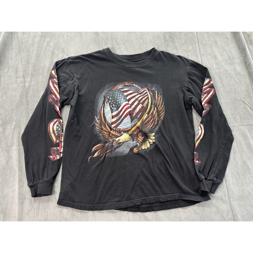 Hot Leathers TShirt Mens Large Black Eagle Patriotic Arm Logos Biker Cotton Long